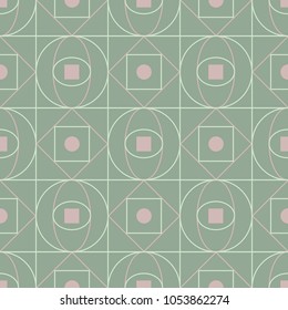 Geometric dark green seamless background wth pink elements. For fabrics and wallpapers