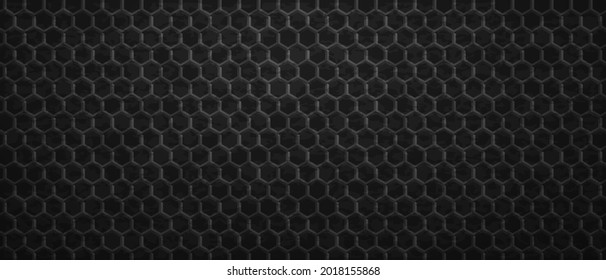 Geometric dark ornament hexagons background. Tracery polygonal gradientl tiles laid in abstract texture in monochrome vector