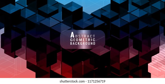 Geometric dark red pink and blue cubes block element graphic template on light color striped line background