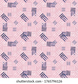 Geometric dash line seamless pattern on pink background. Decorative line shapes endless wallpaper. Doodle stripe backdrop. For fabric design, textile print, wrapping, cover. Vector illustration.
