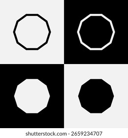 Geometric decagon shape icon set vector illustration showing outline and solid fill styles in black and white, suitable for abstract backgrounds, educational visuals, and digital geometric design.