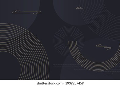 Geometric decorative background in Asian style for web, app, landing. Modern dynamic editable abstract geo different shapes such gold lines, semicircle in random order. Minimalist dark wallpaper.