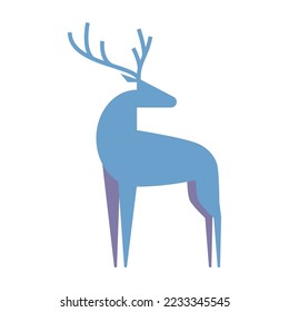 Geometric decorative blue and purple silhouette of northern Christmas reindeer. Happy New Year element for winter holidays. Christmas animal design. Vector illustration isolated on white background.