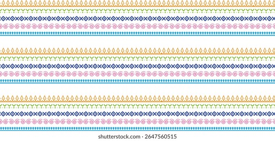 Geometric decorative border patterns in orange green blue and pink repeat across the frame