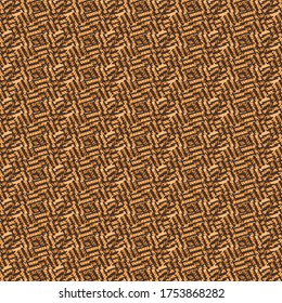 Geometric decorative design consisting of simple shapes and broken lines. Pattern in brown and golden shades.Tapestry texture.