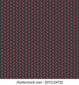 Diseño decorativo geométrico con rayas y columnas de líneas cortas inclinadas a veces en una dirección, a veces en la otra. Patrón de hueso de arenque en tonos verde oscuro y rojo.
