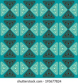 Geometric decorative ethnic seamless pattern with triangles. Abstract background. Aztec ornament. Folk. Lace. Fabric, textile design. Patchwork. Patches. Endless print texture. Wallpaper - vector 