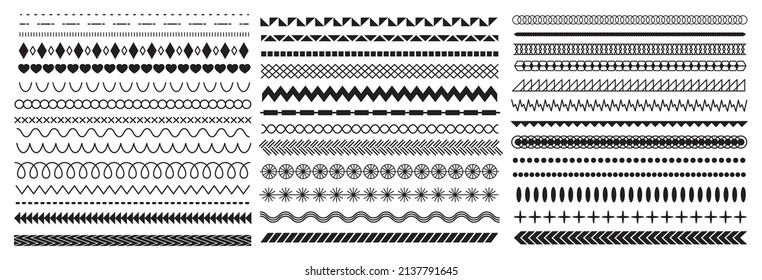 Geometric decorative line borders and divider designs. Vintage abstract frame wavy patterns, zigzags, rombs and circles. Illustration. Fashion ornament brushes vector set