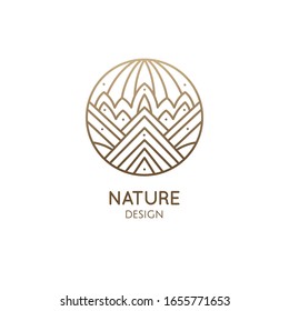 Logo decorativo geométrico de las montañas. Icono lineal abstracto de paisaje con montañas, árboles y emblemas de negocios vectores de sol, distintivo para viajes, turismo y conceptos ecológicos, salud.