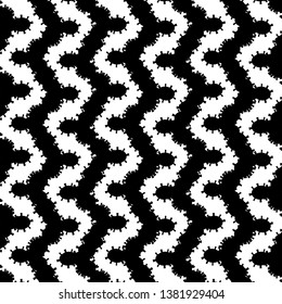 Geometric decorative pattern, composed of zigzags and meanders, graphically rendered with a rough spiky line. Ethnic motif in black and white. Textile print. Vector illustration. 