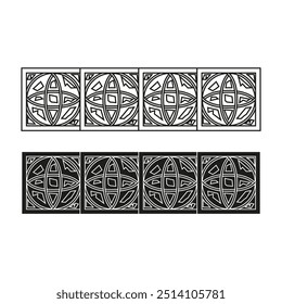 Geometric decorative tile pattern illustration. Repeated intricate black and white designs with circular and angular elements.