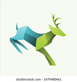 geometric  deer logo design, icon, vector, template, white background with combined green and blue color,modern , attractive, clean 