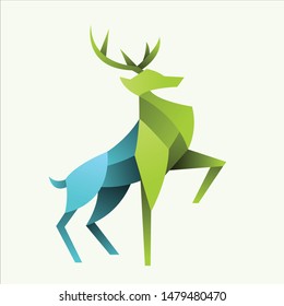 geometric  deer logo design, icon, vector, template, white background with combined green and blue color,modern , attractive, clean 