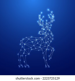 Geometric Deer silhouette. Image of Reindeer in the form of constellation on blue background. Deer clattering hoof. Vector illustration.