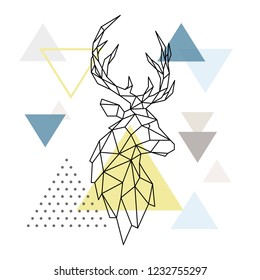 Geometric Deer silhouette on triangle background. Polygonal Deer emblem. Scandinavian style. Vector illustration.