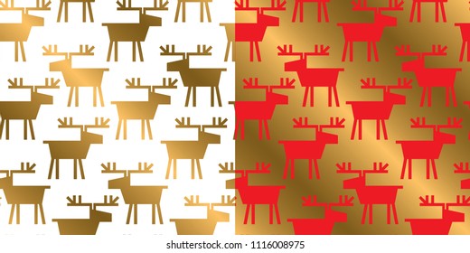 Geometric deer silhouette xmas repeatable pattern. Classic red and green with gold seamless Christmas motif for background, wrapping paper, fabric, surface design