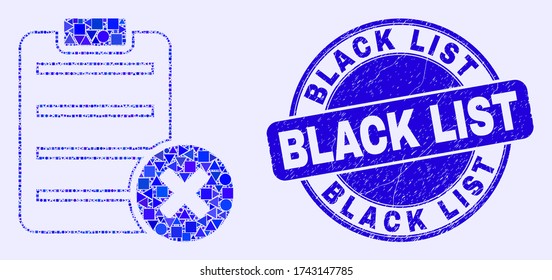 Geometric delete report page mosaic pictogram and Black List seal stamp. Blue vector round textured seal stamp with Black List caption. Abstract collage of delete report page created of sphere,
