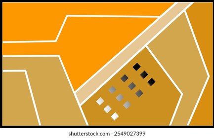Geometric design background with primary color palette of orange and gold. Overlapping shapes create a sense of depth and perspective. Clean and simple design, with focus on geometric elements.