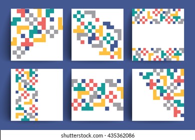 Geometric design backgrounds set. Pixelated vector ornaments. Applicable for covers, placards, posters, flyers and banner designs. Eps10 vector templates.