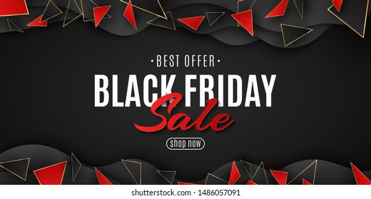 Geometric design for Black Friday. Wave shapes with triangles. Fluid and low poly style. Seasonal big sale. Brochure for your business project. Vector illustration. EPS 10