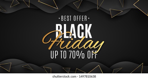 Geometric design for Black Friday. Wave and polygonal shapes. Grand sale. Golden and black triangles. Banner in liquid style for your business project. Vector illustration. EPS 10
