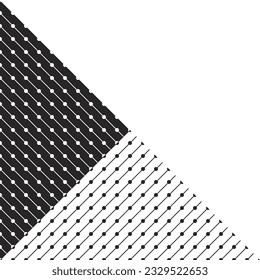 Geometric design with black and white hatched isosceles triangles. Hatching with slanted lines with dots on them. Negative and positive at 45 degree angle. Modern trendy style. Banner with copyspace.