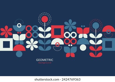 Geometric design with blue red, and white on a dark blue background, arrange the elements for copy space for text. Vector Illustration.