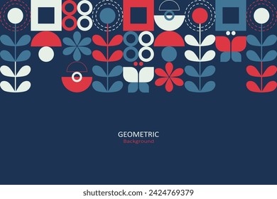 Geometric design with blue red, and white on a dark blue background, arrange the elements on top with copy space for text. Vector Illustration.