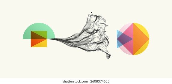 Geometric design. A branching system of dots depicting the scattering or focusing of particles. Physical phenomenon concept. Cover design pattern. An illustration of various overlapping elements.