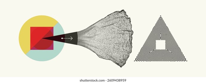Geometric design. A branching system of dots depicting the scattering or focusing of particles. Physical phenomenon concept. Cover design pattern. An illustration of various overlapping elements.