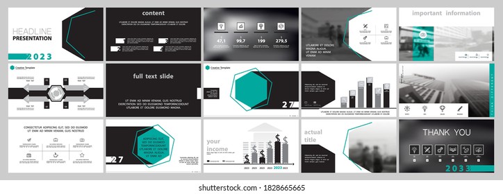 Geometric design business presentation templates, turquoise and black infographics elements on white background. Use in flyers and SEO marketing, webinar pages, design, banner, annual report, website
