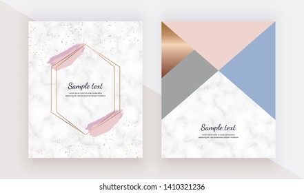 Geometric design cards with marble and brush stroke watercolor texture, polygonal lines frames. Trendy templates for banner, flyer, poster, save the date, greeting, wedding invitation
