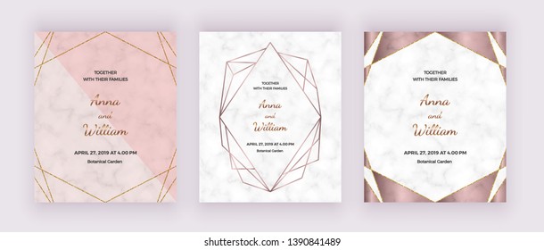 Geometric design cards with marble texture, rose gold polygonal lines frames. Trendy templates for banner, flyer, poster, save the date, greeting, wedding invitation
