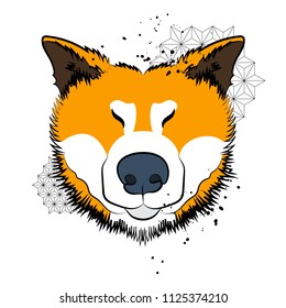 Geometric design and cartoon dog. Japanese dog. Cool poster for t-shirt.