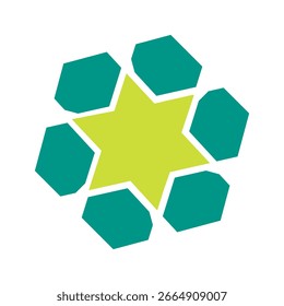 ​Un diseño geométrico con una estrella central amarilla rodeada por seis Formas hexagonales de color verde azulado, dispuestas simétricamente para formar un patrón similar a una flor.