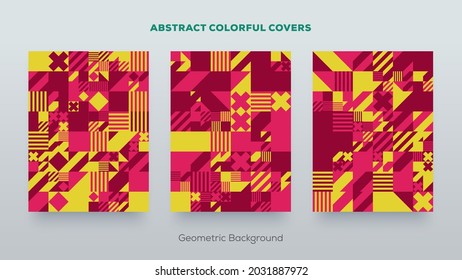 Geometric design covers. Minimal abstract pattern. Trending vintage retro style background. Set of simple colorful mockup posters.