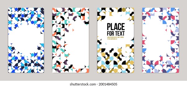 Geometric design covers vector set, colorful modular constructor design backgrounds, flyer templates in retro 70s style, art pattern square and circle shapes.