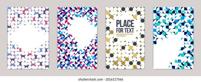 Geometric design covers vector set, colorful modular constructor design backgrounds, flyer templates in retro 70s style, art pattern square and circle shapes.