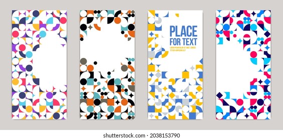 Geometric design covers vector set, colorful modular constructor design backgrounds, flyer templates in retro 70s style, art pattern square and circle shapes.