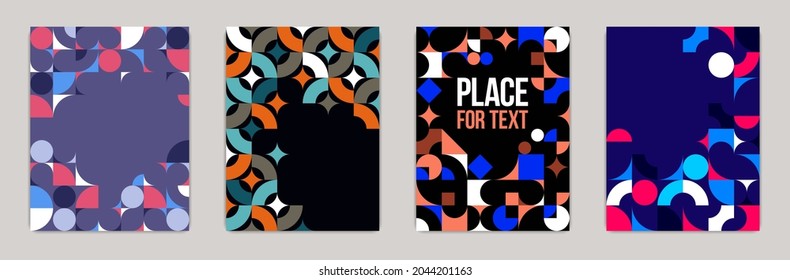 Geometric design covers vector set, colorful modular constructor design backgrounds, flyer templates in retro 70s style, art pattern square and circle shapes.