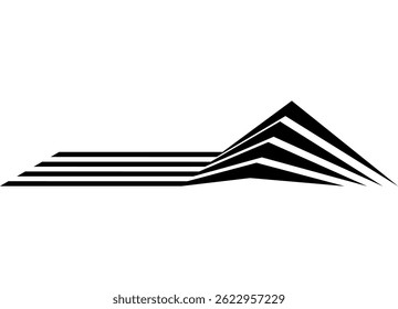 Geometric design element. Black thick parallel lines, three-dimensional figure. Minimalistic design on a light background. Pattern for a sports car, boat, sportswear, toy. Vector background. race
