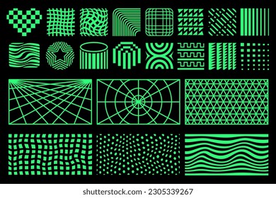 Geometric design elements. 90s, 80s retro shapes, mosaic patterns. Mesh, grid backgrounds and distortions. Green illustrations isolated on black background
