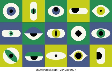 Geometric design with eyes. Modern abstract minimal tiles with eyeball shapes, trendy bauhaus simple elements for poster cover banner. Vector background