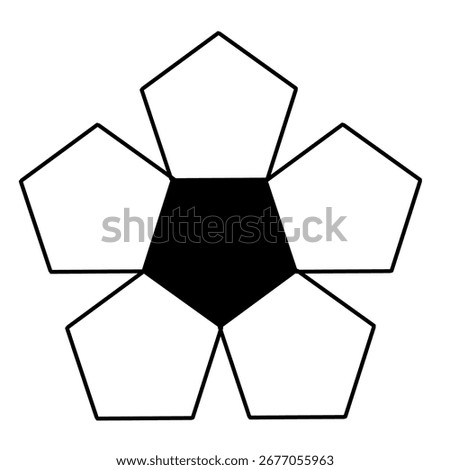 A geometric design featuring a central black pentagon surrounded by five white pentagons, forming a flower-like shape