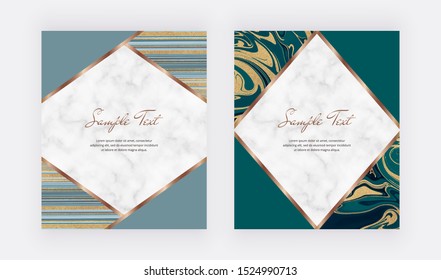 Geometric design with fluid marble texture. Green and golden glitter ink painting pattern. Template for wedding invitation, blog posts, banner, card, save the date, poster, flyer	
