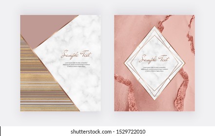 Geometric design with fluid marble texture. Pink and golden glitter ink painting pattern. Template for wedding invitation, blog posts, banner, card, save the date, poster, flyer	

