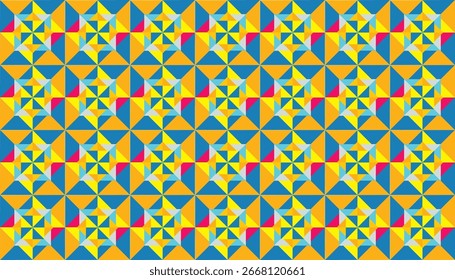 geometric design in the form of a four-pointed star is repeated with a combination of bright colors of blue, yellow, red, and turquoise green