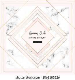 Geometric design frame with marble texture, modern gold lines border. Template for card, flyer, invitation, party, birthday, wedding, save the date, annivers, poster, banner
