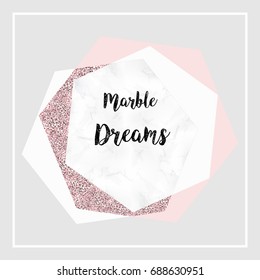 Geometric design frame with marble texture and polygonal shapes. Can be used for invitation or wedding cards. Vector illustration