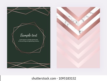 Geometric design with gold rose lines, marble triangular elements and polygonal frame. Modern templates for invitation, wedding, placard, birthday, brochure, banner, cover,  layout, card, flyer
